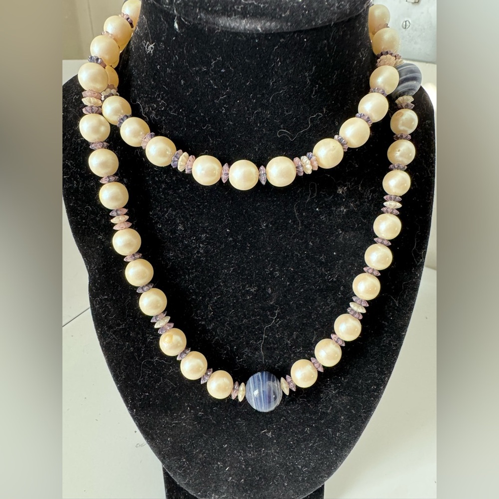 Vintage Pearl and Blue Beaded Long Necklace.